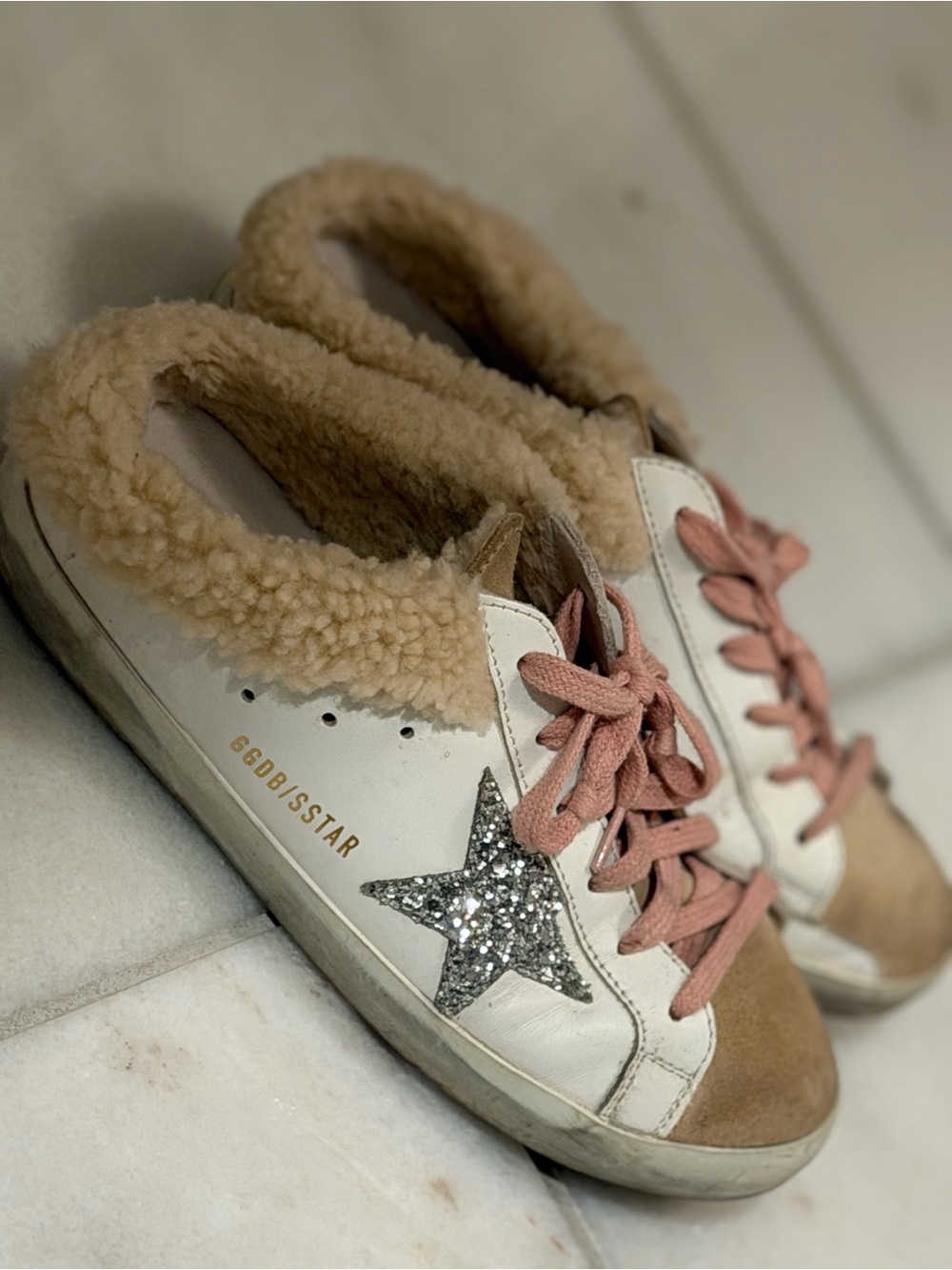 Golden Goose White Sneakers with Pink Laces & Silver Star